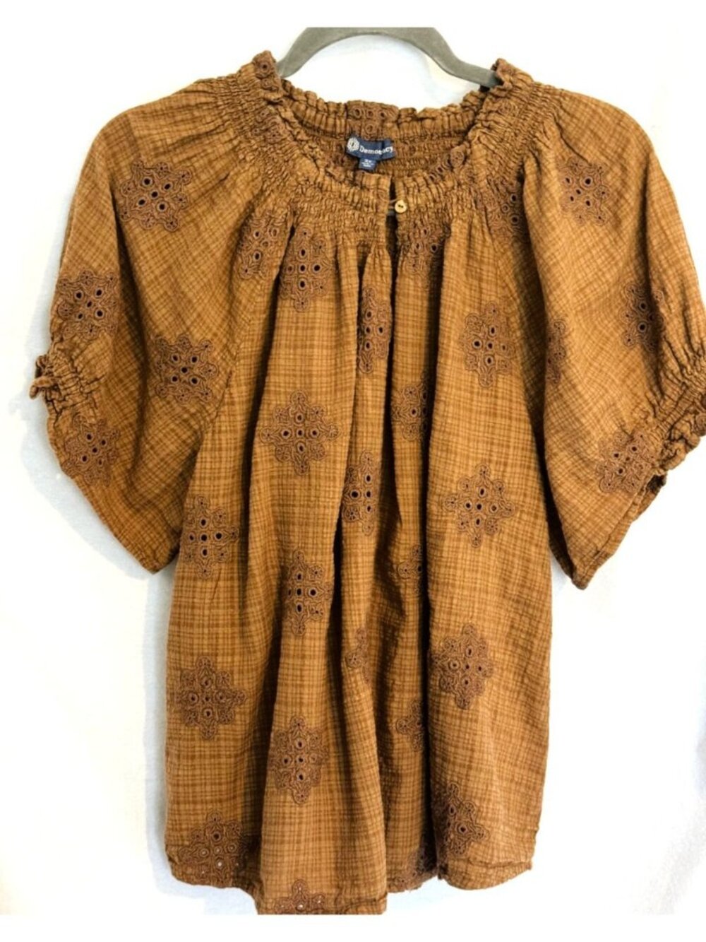 Democracy Toast Colored Bohemian-styled Top w/ Keyhole Collar Embroidered 2X